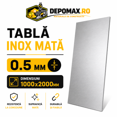 Tabla inox mata AISI 304 2B, 0.5 x 1000 x 2000 mm, 2 mp